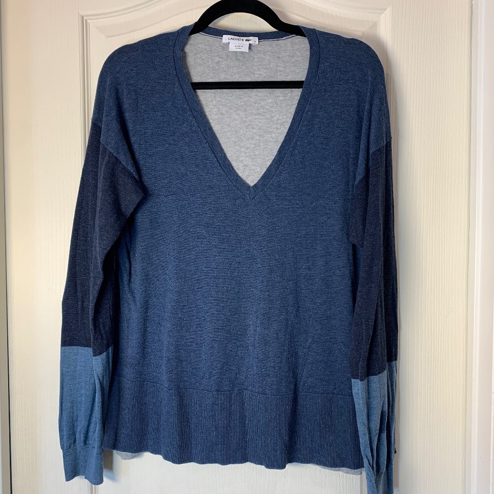 Lacoste Men’s Lightweight‎ V-Neck Knit Sweater Blue & Grey EU 42 / Medium Cotton